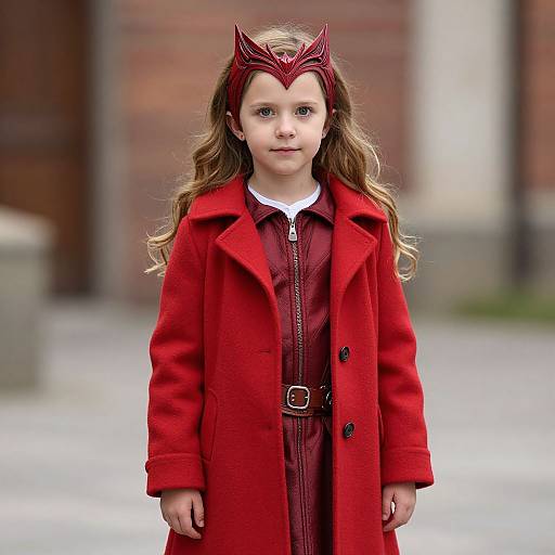 Photograph of a young girl with long blonde hair, wearing a red devil mask, red coat, and matching red dress, standing outdoors on a blurred