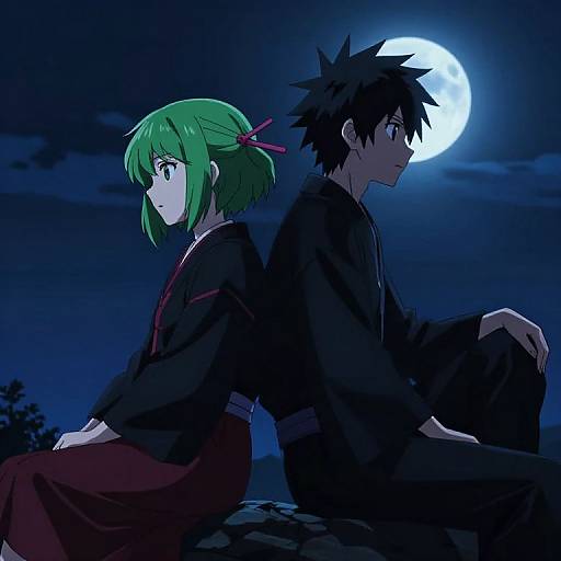Anime-style digital drawing of a green-haired girl and a black-haired boy sitting back-to-back at night, under a full moon. Both wear dark traditional