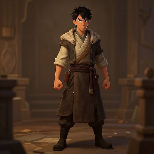 Digital illustration of a determined, young Asian male warrior with black hair, wearing a fur-trimmed jacket, sash, and dark trousers, standing