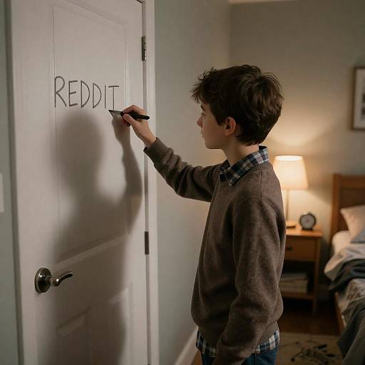 Boy Writing Reddit on Door with Knife