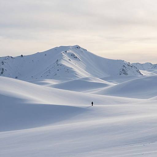 Photograph of a lone skier in a vast, snow-covered landscape with smooth, rolling hills and a distant, sunlit mountain under a bright,