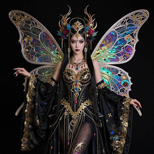 Photograph of a fair-skinned, dark-haired woman in elaborate black and gold attire with colorful, iridescent butterfly wings, adorned with jewels and