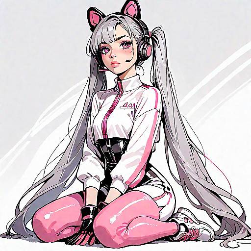 Anime Girl in Pink Bodysuit Kneeling