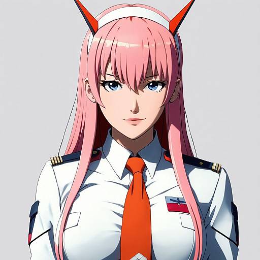 Digital anime-style portrait of a confident woman with long pink hair, blue eyes, red horns, white uniform, and red tie.