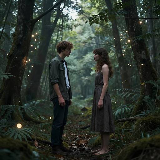 Photograph of a curly-haired man and a woman with long brown hair in a forest, wearing casual clothes, facing each other under glowing string lights.
