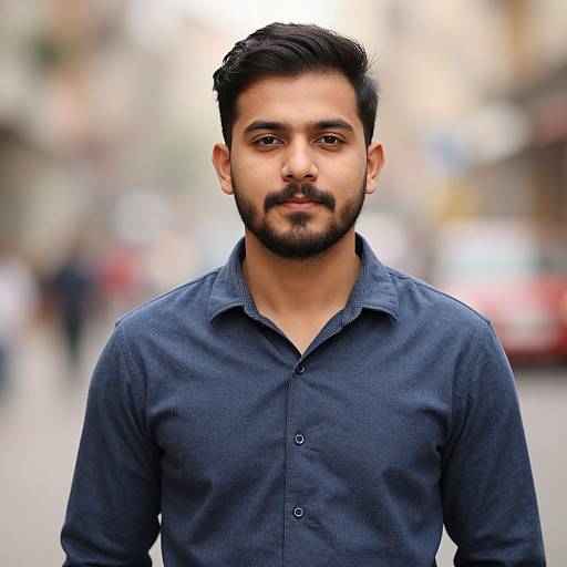 Photograph of a young, bearded man with dark hair, wearing a dark blue button-up shirt, standing on a blurred city street.