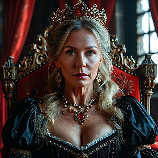 Regal photograph of a blonde queen with fair skin, wearing a gold crown, ornate necklace, and black velvet gown, seated on an ornate