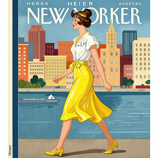 Vintage-style magazine cover illustration of a woman in a white blouse and yellow skirt walking by a city waterfront, with colorful buildings and a small sailboat in