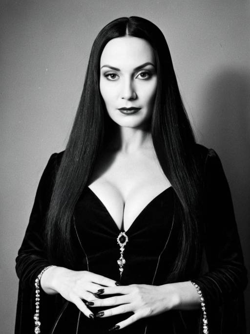 Woman in Morticia Addams Costume Black and White Portrait