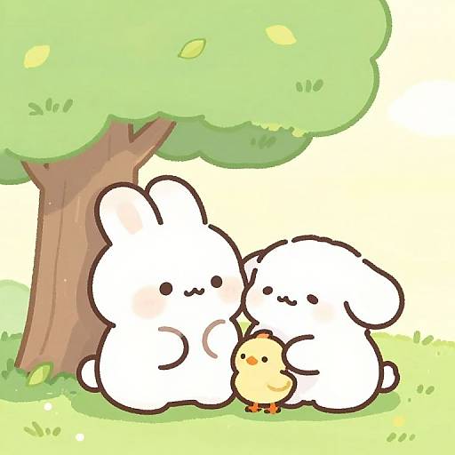 Cute digital drawing of two white, chubby, bunny-like creatures with black dots hugging a small yellow chick under a green tree.