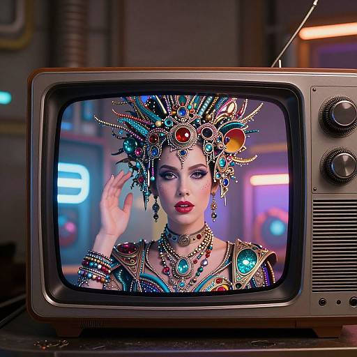 Vintage TV screen showing a woman with intricate, colorful, steampunk-inspired jewelry and headpiece, set against a neon-lit background.
