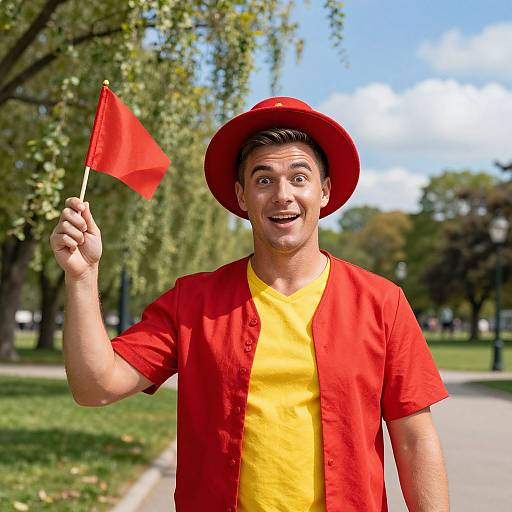 Confident Man Waving Flag in Park
