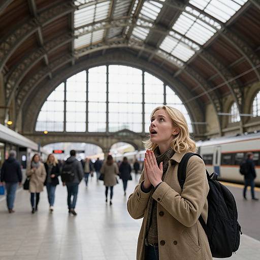 Photograph of a blonde woman in a beige coat and black backpack, hands clasped, standing in a busy, arched-roof train station.