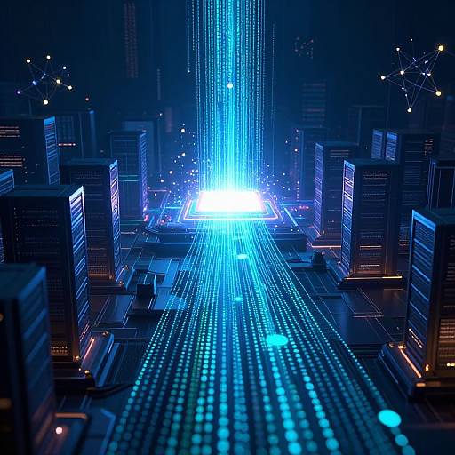 Digital art of a futuristic cityscape with glowing blue neon lines converging at a bright white light, surrounded by dark skyscrapers.