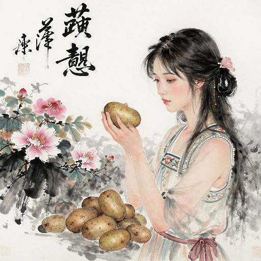 Digital painting of an Asian woman with long black hair, wearing a traditional white dress with pink accents, holding a potato, surrounded by cherry blossoms and