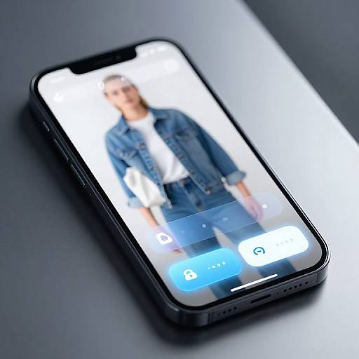 Photograph of a modern black smartphone with a blurred selfie on the screen showing a woman in a denim jacket and white shirt.