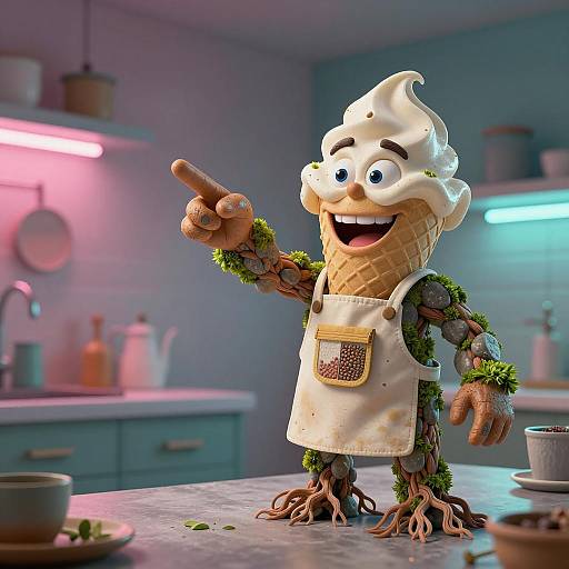 Anthropomorphic Ice Cream Cone Character in Kitchen