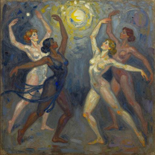 Expressionist painting of five dancing nude women with diverse skin tones, arms raised, illuminated by a glowing yellow moon in a dark, swirling background.