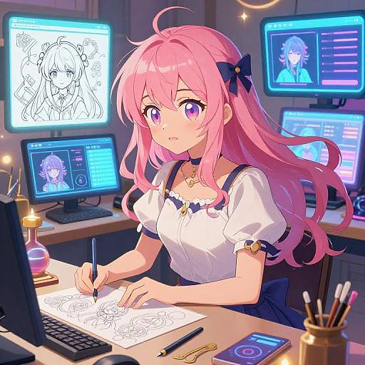 Anime-style digital drawing of a pink-haired girl with purple eyes, wearing a white blouse, drawing on paper in a brightly lit, colorful studio with multiple