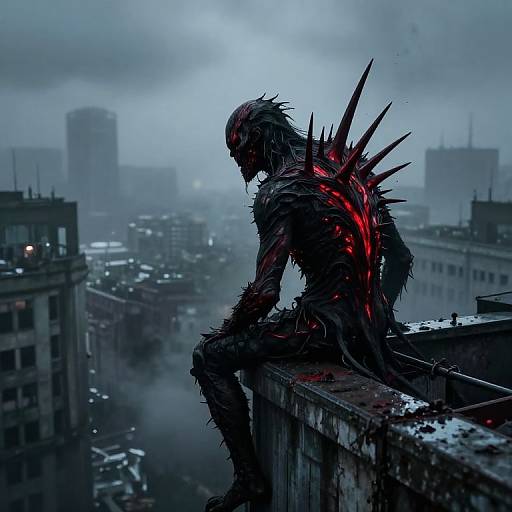 Dark, spiked monster with glowing red back sits on city rooftop, overlooking foggy, stormy urban landscape in digital art style.