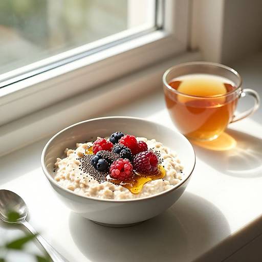 Photograph of a bowl of oatmeal with berries, blackberries, and orange slices on a sunlit windowsill, next to a glass of tea