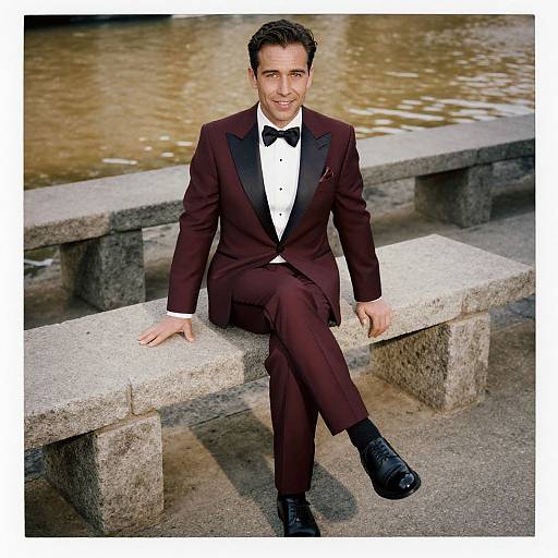 Stylish Man in Burgundy Tuxedo by Water