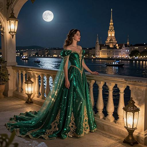 Photograph: Elegant woman in shimmering green ball gown with off-shoulder sleeves, standing by a moonlit waterfront, illuminated by lanterns,
