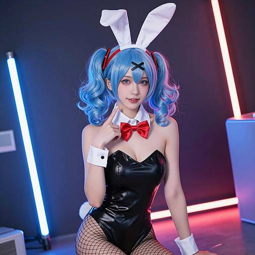 Neon Bunny Girl with Blue Hair