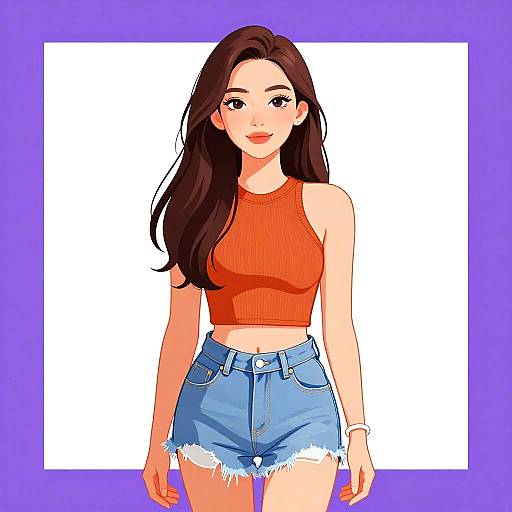 Stylish Woman in Burnt Orange Crop Top and Denim Shorts