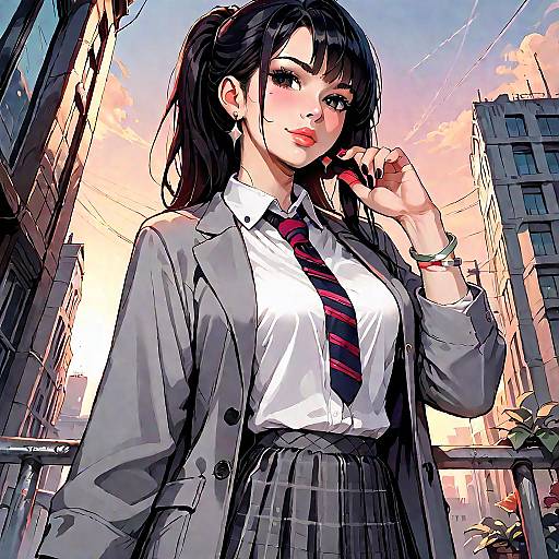 Anime Schoolgirl at Sunset