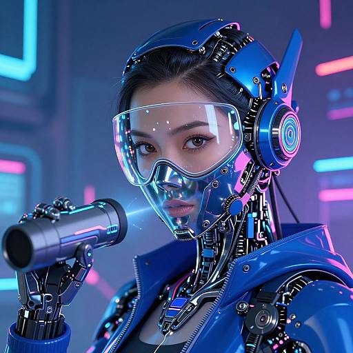 Cyberpunk-style digital artwork of an Asian woman with robotic headset, clear visor, and blue jacket, holding a microphone, illuminated by neon lights