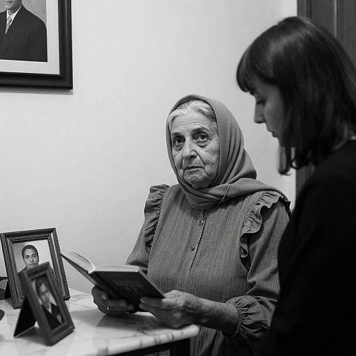 Black-and-White Portrait of Two Women with Book and Photos