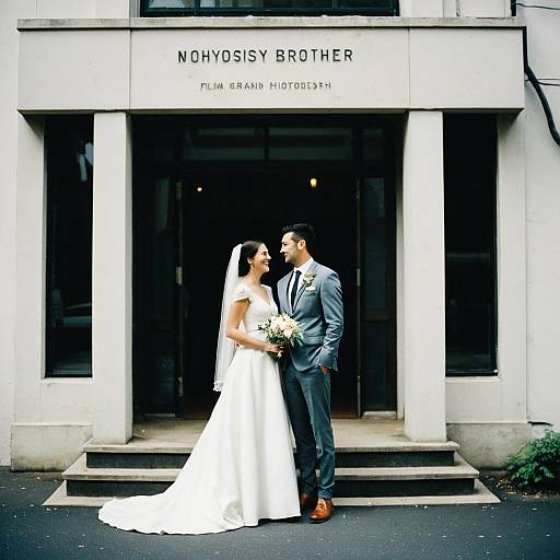 Photograph of a bride in a white, strapless wedding dress and veil, holding a bouquet, and a groom in a gray suit, standing in