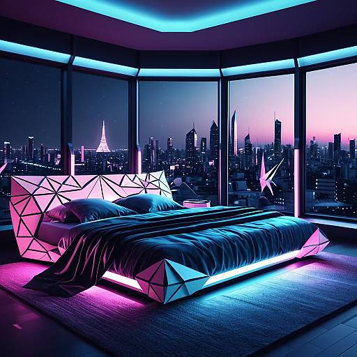 Futuristic Origami-inspired Bedroom with City Nightscape