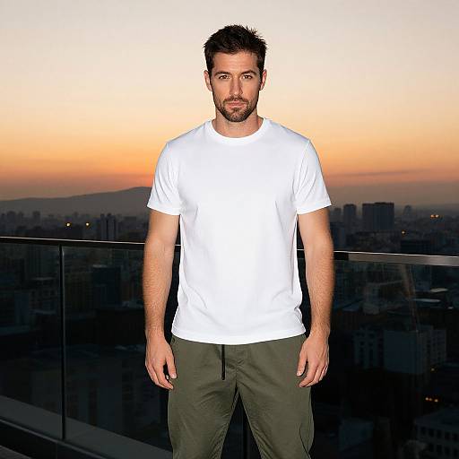 Photograph of a bearded man with short dark hair, wearing a white t-shirt and olive green pants, standing on a balcony at sunset with a