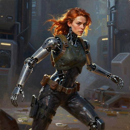 Cybernetic Scout in Urban Oil Painting