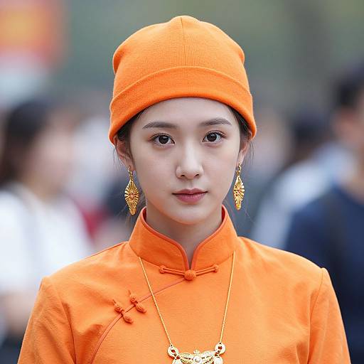 Photograph of an East Asian woman in an orange hat and cheongsam, wearing gold leaf earrings and necklace, standing outdoors with a blurred crowd in