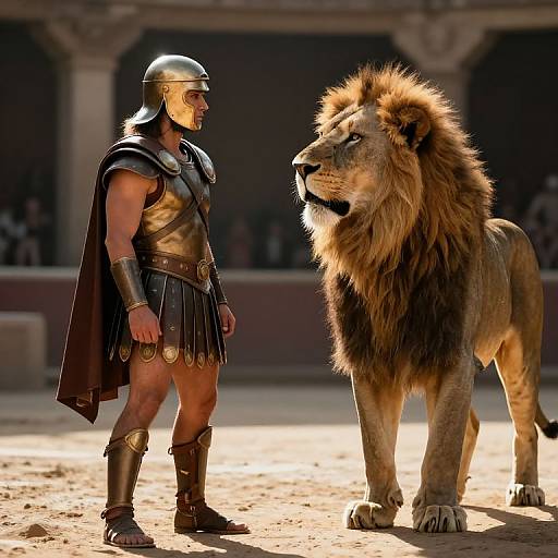 Gladiator Facing Lion in Arena