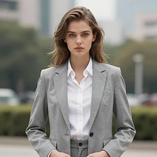 Young Woman in Gray Suit Outdoors