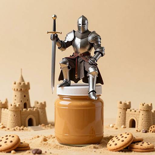Photograph of a silver knight figurine in armor, holding a sword, standing on a jar of peanut butter, surrounded by sandcastles and cookies