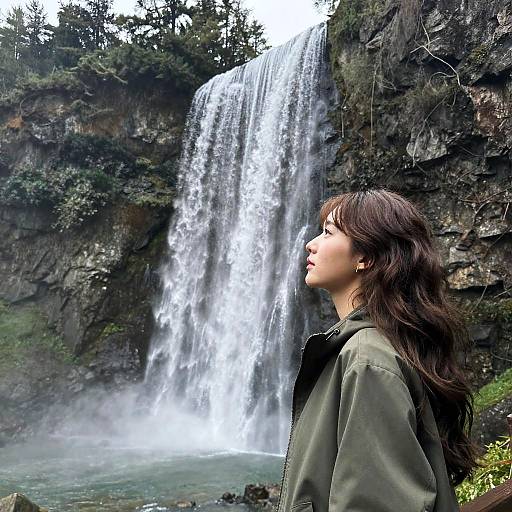 Young Woman Observing Majestic Waterfall