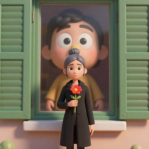 3D Animated Woman Holding Flower by Window