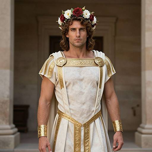 Photograph of a muscular man with wavy brown hair, wearing a white Roman-style toga with gold trim, and a floral crown, standing in
