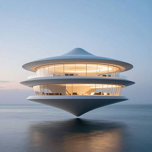 Photograph of a futuristic, white, floating, multi-tiered houseboat with illuminated interior, sleek design, and smooth curves, set against a calm