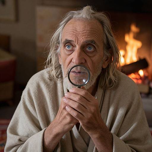 Photograph of an elderly man with long gray hair and blue eyes, holding a magnifying glass to his face, wearing a beige robe, in front