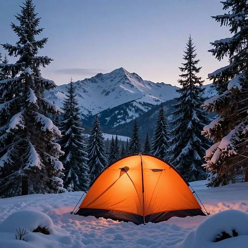 Cozy Orange Tent in Snowy Mountains