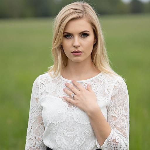Blonde Woman with Engagement Ring in Field