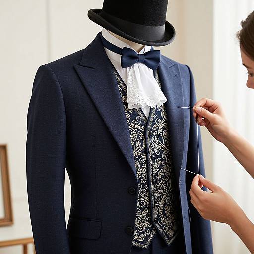 Photograph of a mannequin in a navy blue suit with white lace, intricate floral vest, navy bow tie, and black top hat. Hands