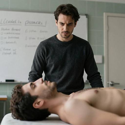 Man Observing Shirtless Person on Medical Table