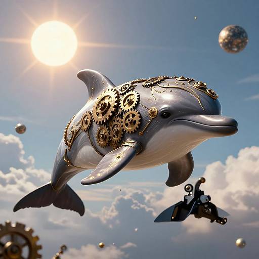 Digital artwork of a steampunk dolphin with gold gears and cogs on its body, flying in a bright blue sky with sun, clouds, and